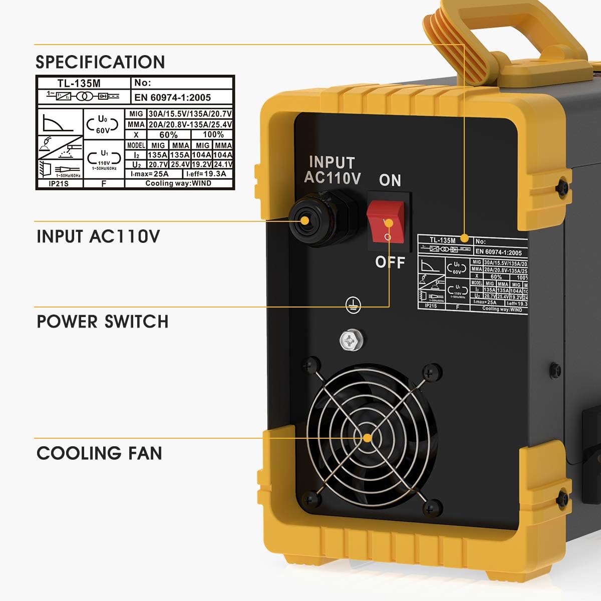 TOOLIOM 135A MIG Welder 110V Flux MIG/Lift TIG/Stick 3-in-1 Weding Machine IGBT DC Inverter - - 