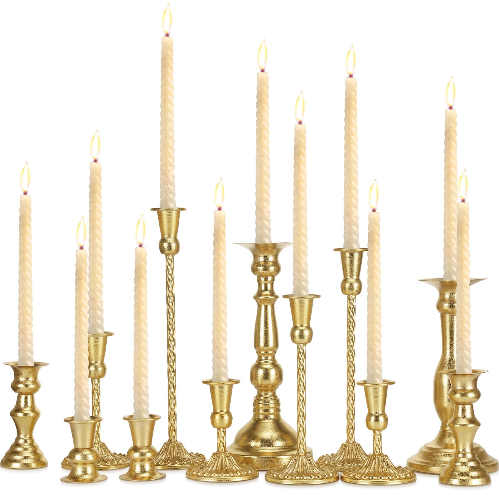 Photo 1 of Suttmin 12 Pcs Candlestick Holders Gold Metal Taper Candle Holders Decorative Vintage Modern Table Centerpiece Decorations for Wedding Christmas Anniversary Dinner Party(Gold,Retro Style)