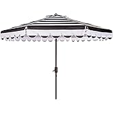 SAFAVIEH 9ft Outdoor Patio Umbrella, Round, Maui Collection, Black & White Stripe, Crank, Button Tilt, UV Resistant for Deck, Backyard, Patio (PAT8011D)