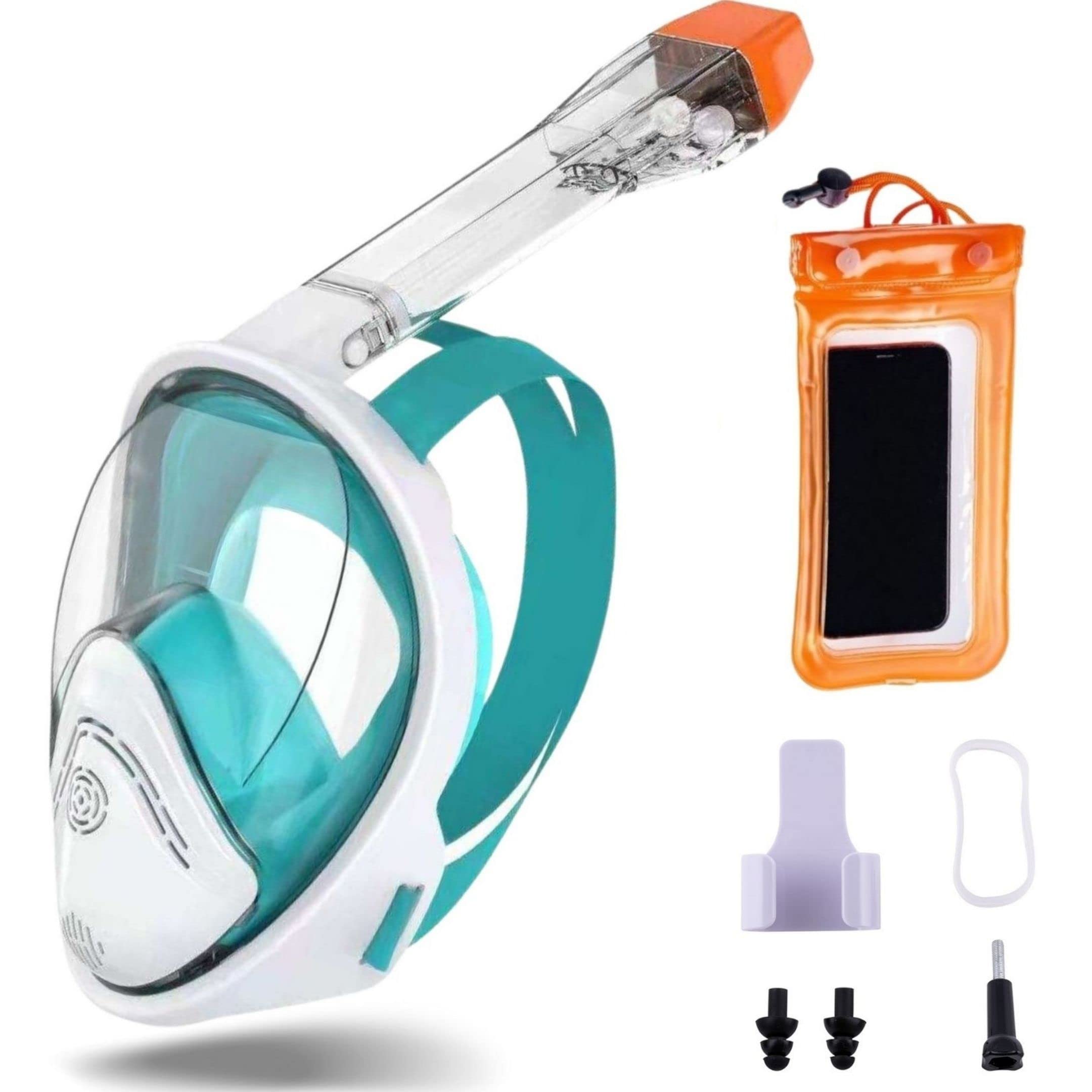Full face snorkel mask scuba diving set for swimming snorkeling training adults and kids 6-14 Upgraded Version safety underwater breathing, anti fog, Camera mount + waterproof phone case (L/XL)