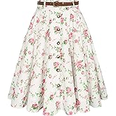Belle Poque Women's Vintage Stretch High Waist A-Line Flared Midi Skirts with Pockets & Belts