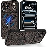 Jefonha Magnetic for iPhone 17 Pro Max Case with Finger Strap Stand, Compatible with Magsafe, Trendy Leopard Cheetah Phone Case for Women Men Slim Shockproof Cover for 17 Pro Max, Brown Leopard