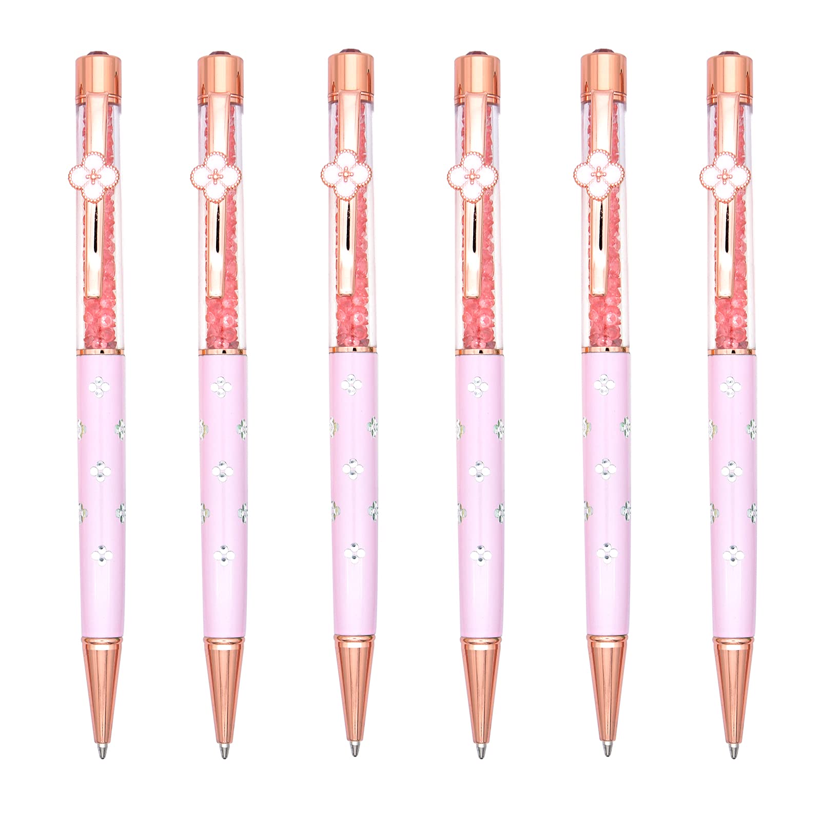 Gullor 6 Pieces Black Ink Pens Four-leaf clover crystal pen Medium Point Ballpoint Pens, Light Pink