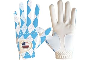 FINGER TEN Golf Gloves Men Left Hand Right with Ball Marker USA Flag Blue Camo Plaid Pack, Mens Leather Golf Glove All Weather Grip Small Medium ML Large XL