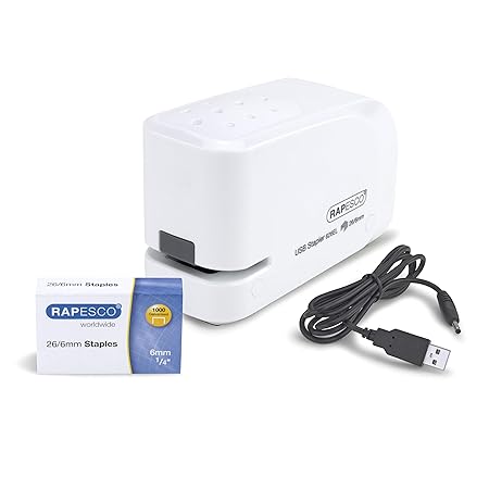 Rapesco 1453 Automatisches USB/Batterie Heftgerät mit USB Kabel & Typ 26/6mm Heftklammern Weiß