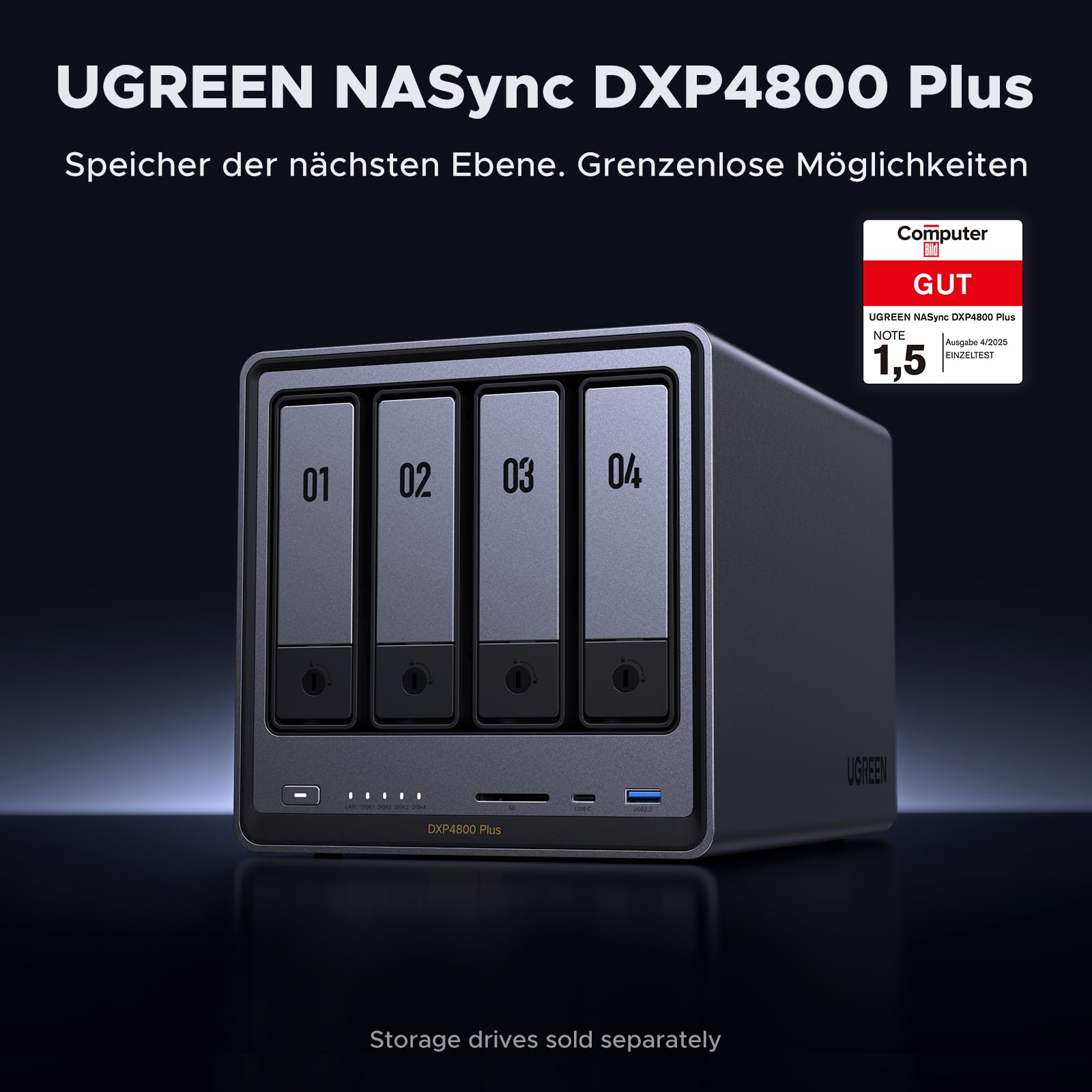 UGREEN NASync DXP4800 Plus 4-Bay Desktop NAS, Intel Pentium Gold 8505 5-Core CPU, 8GB DDR5 RAM, 128G SSD, 1 * 10GbE, 1 * 2,5GbE, 2*M.2 NVMe-Steckplätze, 4K HDMI, Network Attached Storage (Diskless) 2