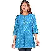 Yash Gallery Women's Cotton Floral Printed Hip Length Round Neck 3/4 Sleeve Short Kurta Top For Summer