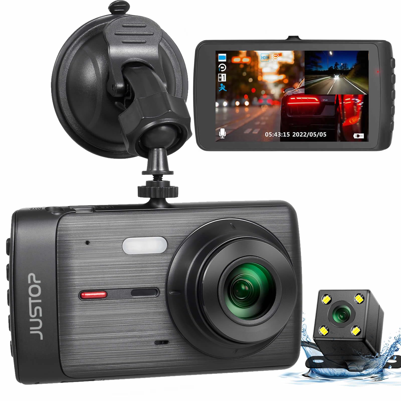 JUSTOP Dash Cam Front And Rear 1080P Full HD In Car DVR Camera Digital Driving Video Recorder 4" IPS Screen 170°Wide Angle 4G Lens WDR With Waterproof Reversing Camera