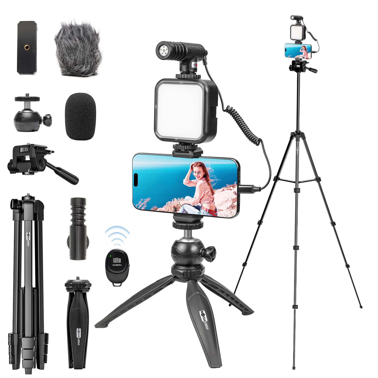 Photo 1 of USKEYVISION Vlogging Kit for iPhone Youtuber Starter Kit Content Creator Equipment for iPhone 16/15Pro Max with 59'' Extendable Fullsize Tripod, LED Light,Shotgun Mic Video Recording(Vlog K4)