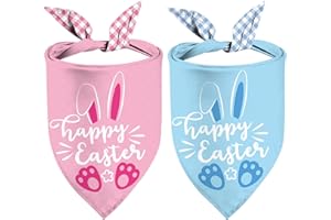 YAOFAVO Easter Dog Bandanas 2 Pack, Triangle Reversible Blue Pink Plaid Dog Scarfs for Boy and Girl, Pet Scarves for Easter Holiday Bandanas Bulk for Small Medium Large Dogs (Blue+Pink Happy Easter, One Size)