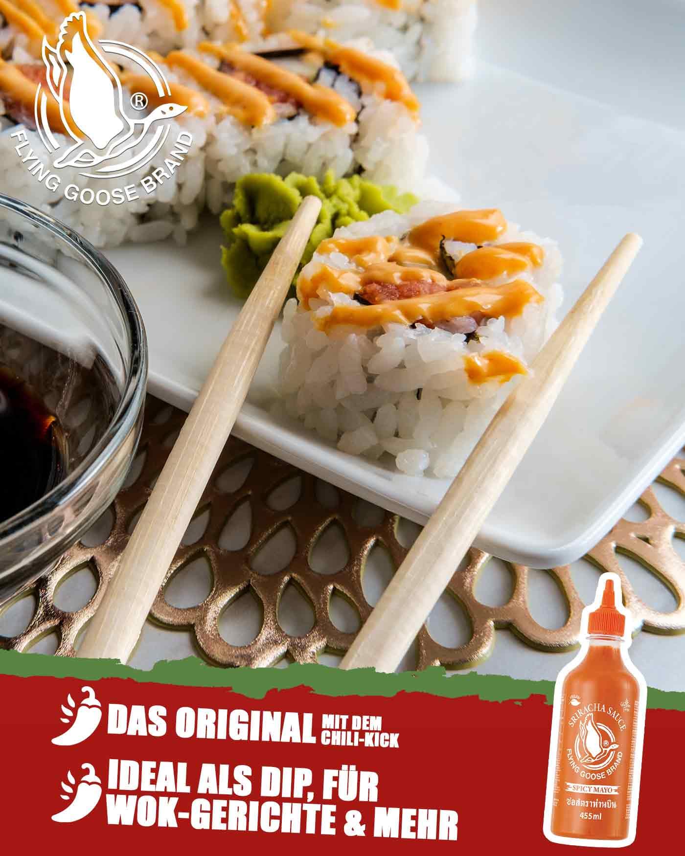 FLYING GOOSE Sriracha Spicy Mayoo Sauce, extra scharfe Mayonnaise, sehr scharf, orange Kappe, Würzsauce aus Thailand, vegan, glutenfrei, 1 x 455 ml 4