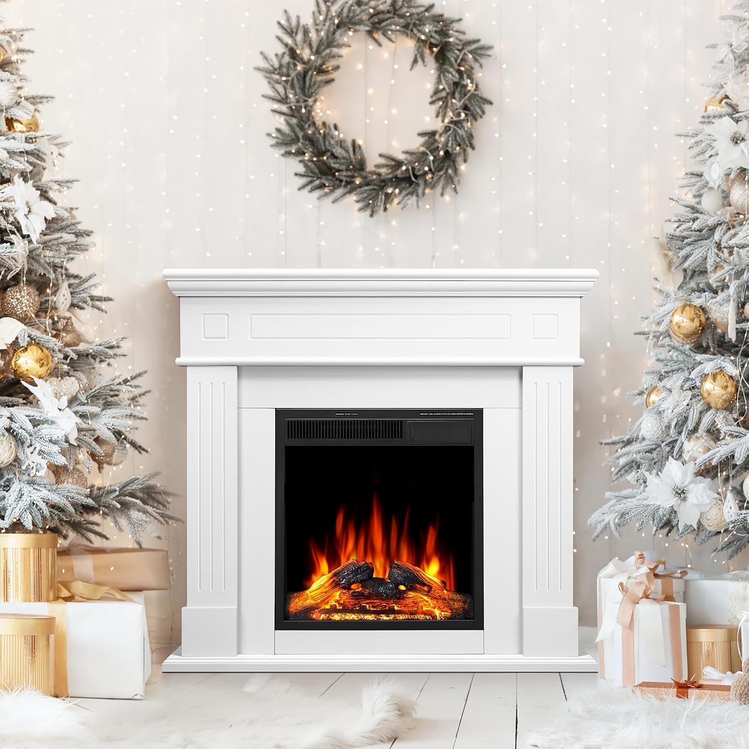 Photo 1 of *PARTIAL SET - ONLY the fireplace*
43 Inch Fireplace TV Stand with Mantel - Electric Fireplace Heater, Wooden Entertainment Center, Adjustable LED Flame, Freestanding (750W/1500W),Cream