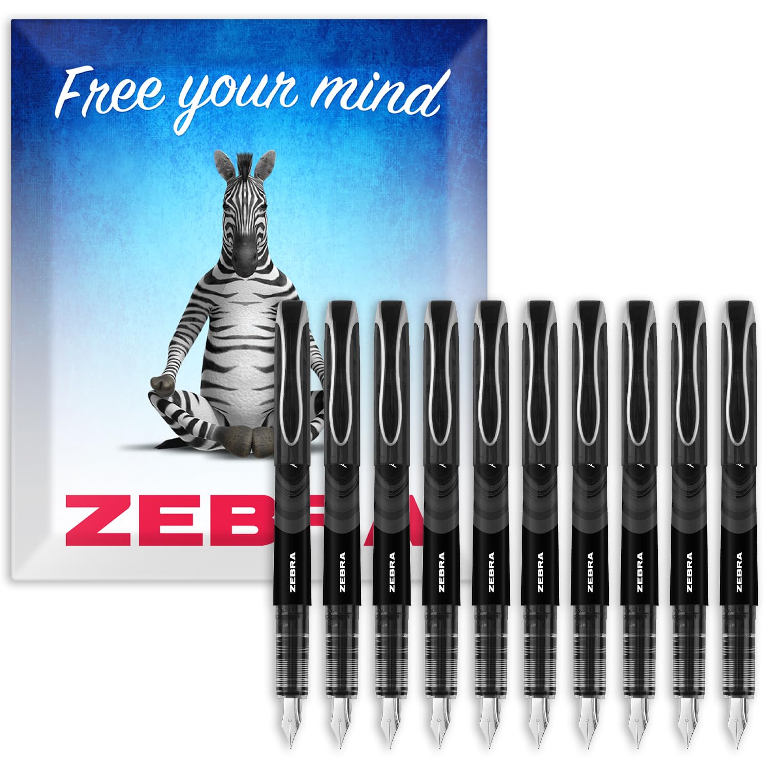 Zebra Fuente - Disposable Fountain Pen - 1.0mm Fine Nib 0.6mm Line Width - Black Ink - Pack of 10 - In Envelope Gift Packaging