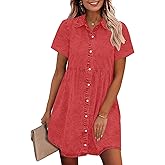 GRAPENT Denim Dress for Women Babydoll Tiered Short Sleeve Button Down Jean Shirt Dresses