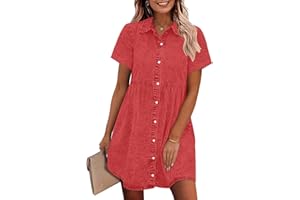 GRAPENT Denim Dress for Women Babydoll Tiered Short Sleeve Button Down Jean Shirt Dresses