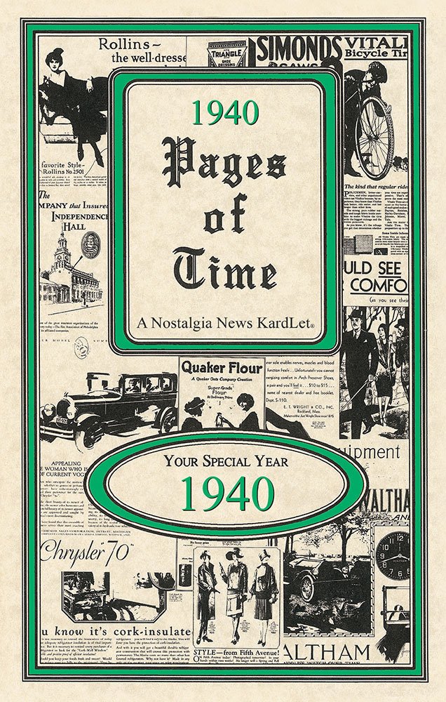 Pages of Time 1940 CELEBRATION KardLet: Birthdays, Anniversaries, Reunions, Homecomings, Client & Corporate Gifts