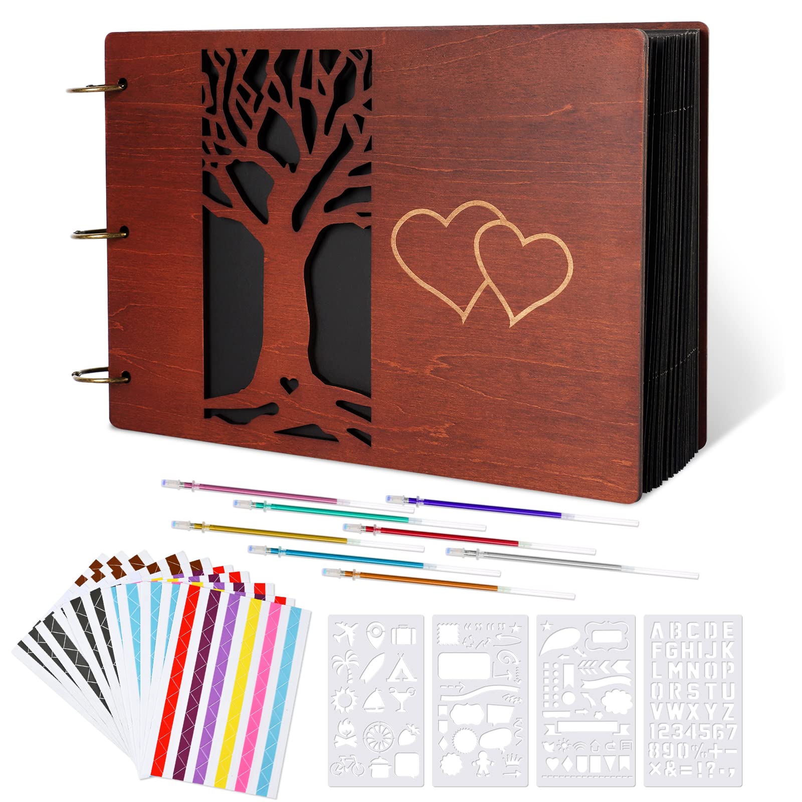 Giiffu Wooden Scrapbook Kit - Family Tree Photo Album 31x21cm, 100 Pages DIY Scrapbooking Gift with 8 Pens, 10 Stickers & 4 Stencils - Photo Book for Adults, Friends, Birthday & Mother's Day Gift