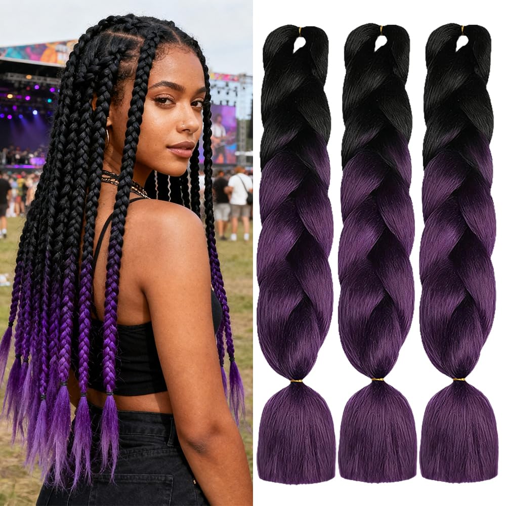 ShowJarlly Box Braid Hair Extensions, 24inch Black/Purple ​Ombre Jumbo Braid Hair, 3Packs Synthetic Jumbo Braiding Hair Extension Afro Hair Extensions for Braiding Crochet Twist Braids