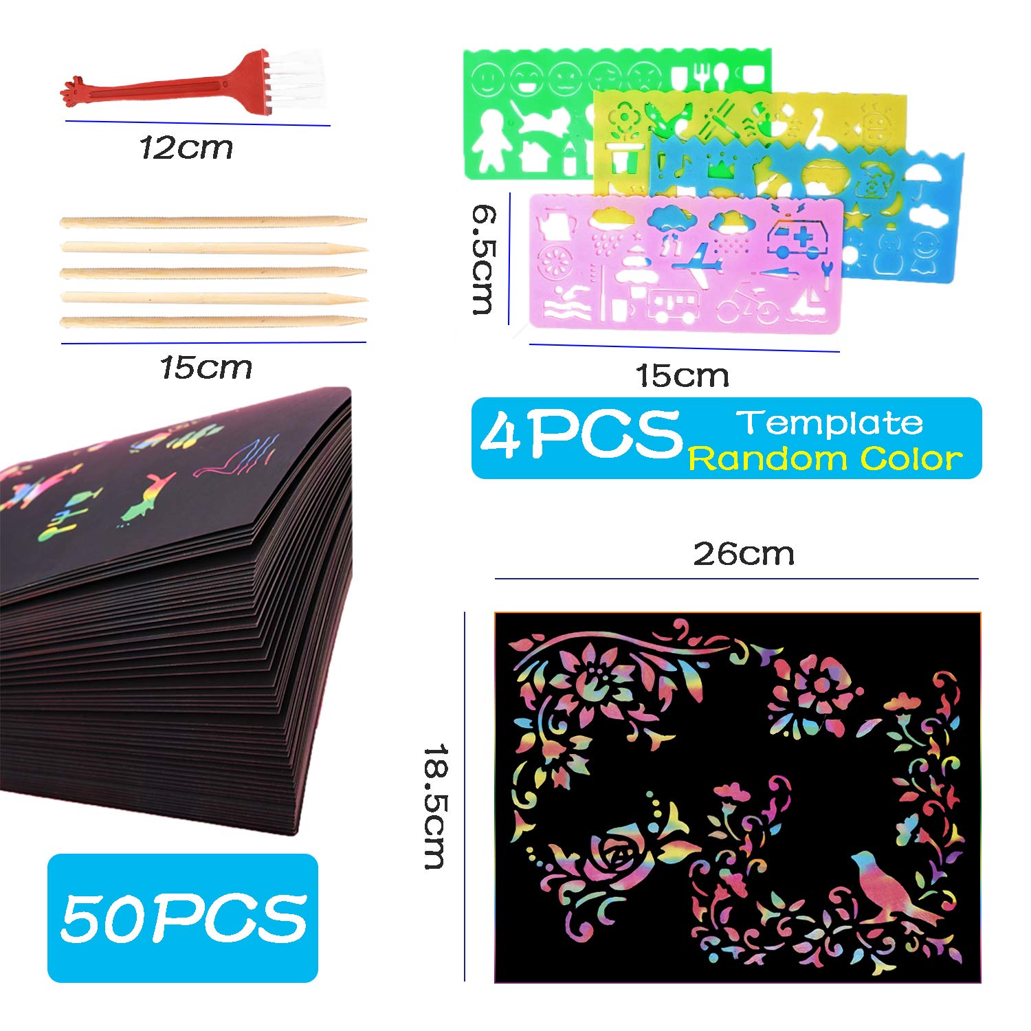 Carta Da Grattare Arcobaleno - Kit Artistico Per Bambini Con 50 Fogli, Stencil E Bastoncini - Foto 2