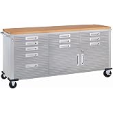 Seville Classics UltraHD Heavy Duty Rolling Cabinet Workbench Table w/Solid Wood Top, Workstation for Garage, Warehouse, Office, Workshop, 77" W x 20" D x 37.5" H, Granite, 11-Drawer