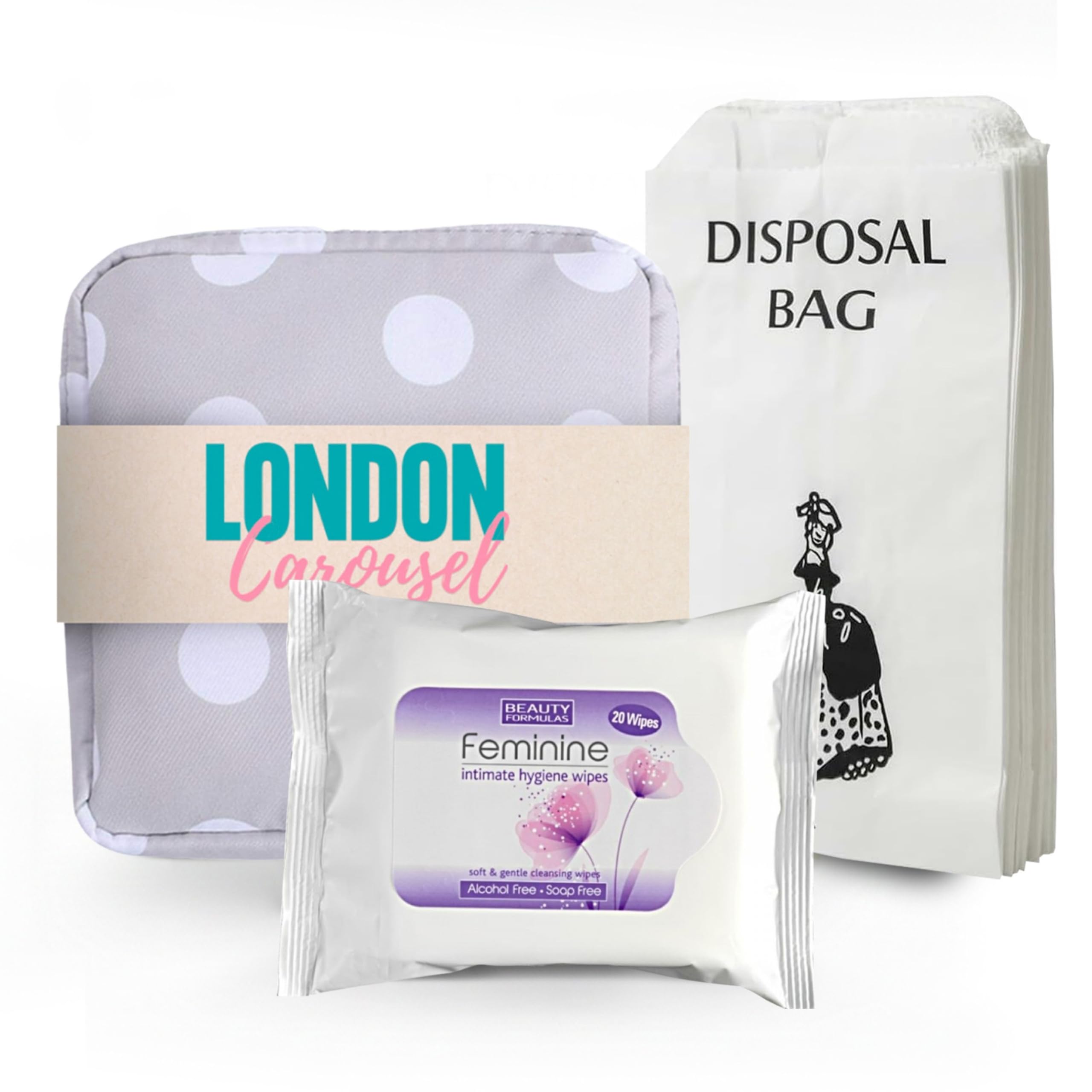 Sanitary Pad Storage Bag - Emergency Kit Bag for Girls with Flushable Feminine Wipes for Intimate Hygiene and x 5 Paper Sanitary Disposal Bags
