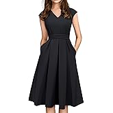 HOMEYEE Women's Vintage 50s Cap Sleeve Pleated Waist Cocktail Retro Flared Dress with Pocket A196