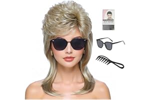 ByouByou 80s Mullet Wig for Women Fluffy and Layered Hairpiece for Perfect for Costume Parties and Cosplay (Blonde)