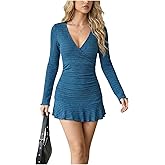 winkbay Women's Wrap Deep V Neck Ruffle Dress Ruched Long Sleeve Bodycon Mini Going Out Club Dresses