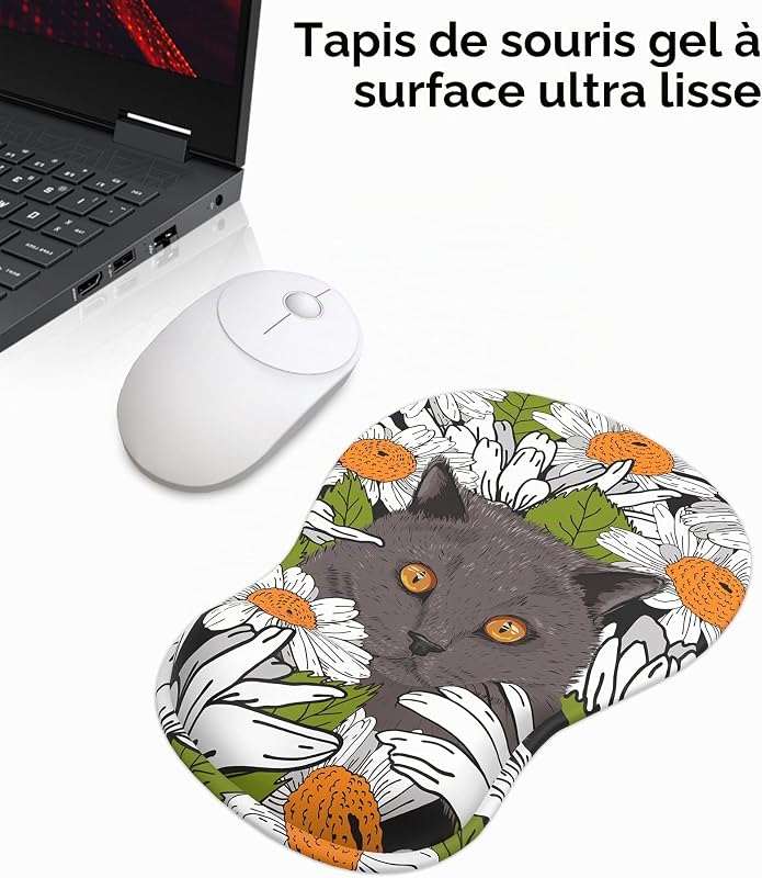 Tapis de Souris avec Support pour Repose-Poignets en Gel, Ergonomique Concave à Support Doux et Base antidérapante (Z-Chat-4)