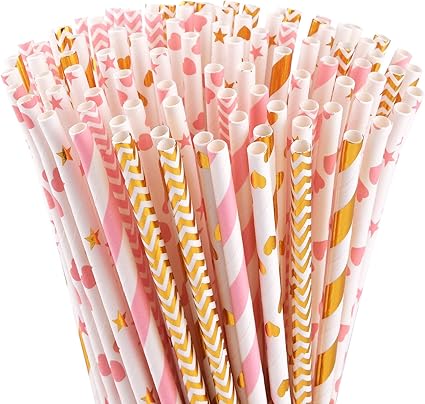 Party Straws Rose Gold Glitter Heart And White Straws Paper Straws
