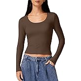 QINSEN Women's Crew Neck Long Sleeve Crop Top Double Lined Slim Fit Y2k T Shirts
