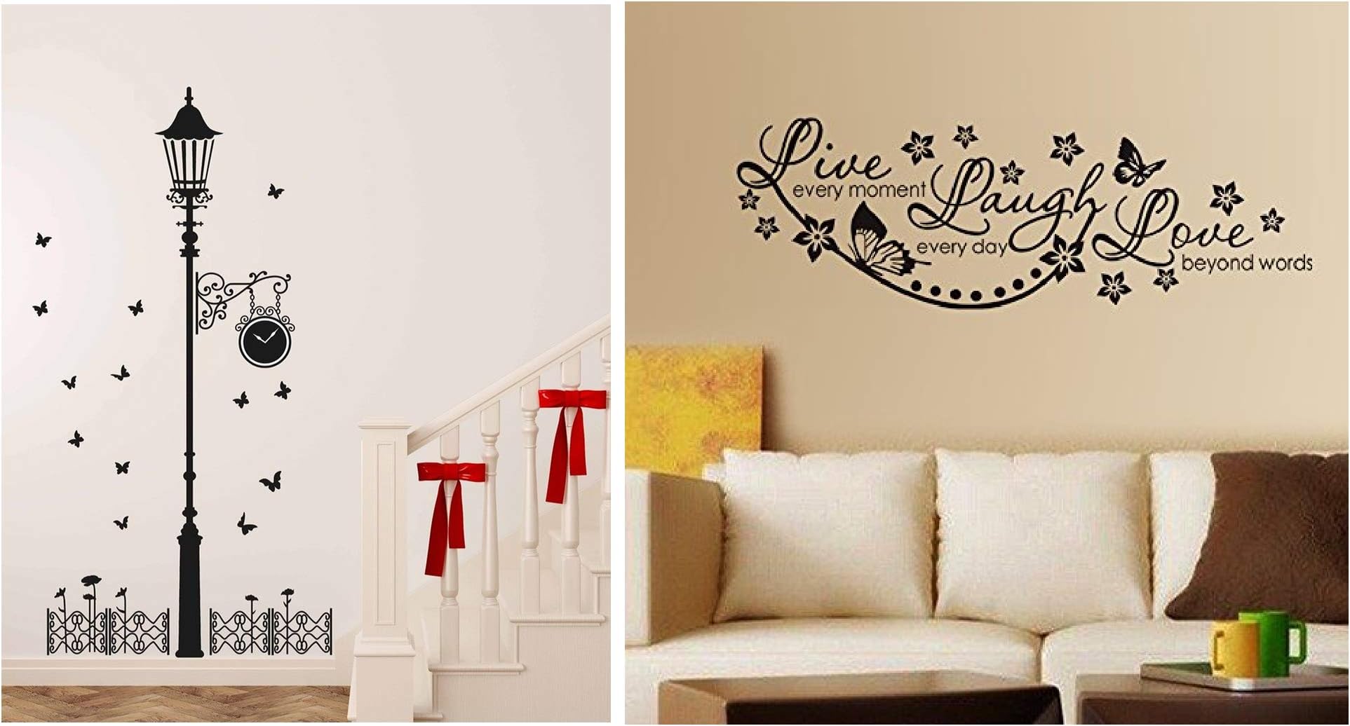 Decals Design 'Live Laugh and Love Family' Wall Sticker (PVC Vinyl, 45 cm x 30 cm, Black) & 'Black Antique Street Lamp with Butterflies' Wall Sticker (PVC Vinyl, 60 cm x 90 cm x Combo