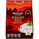 Authentic Extra Long Basmati Rice by Khazana in 10 lb Bag - Aromatic and Flavorful Indian Grain - Non-GMO, Gluten Free, Kosher, Cholesterol Free