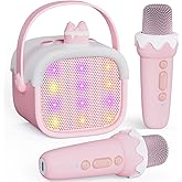 Mini Karaoke Machine for Kids with 2 Wireless Microphones - Portable Bluetooth 5.3 Speaker with LED Lights & Voice Changer, Toys for Girls Boys Age 3 4 5 6 7 8 9 10+