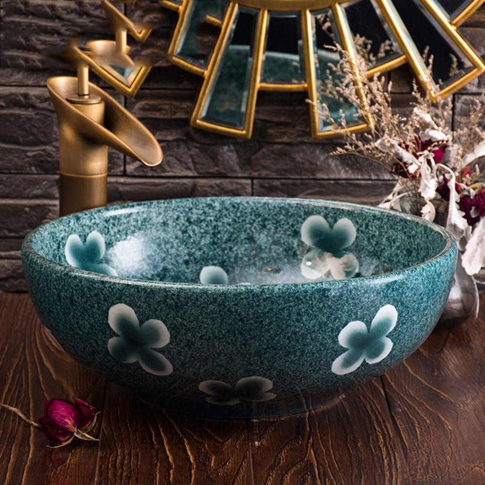 AOSHE Bathroom Sink Washbasin Hand-Painted Lotus Ceramic Container Ceramic Basin Nordic Industrial Style Sink (Single Basin)
