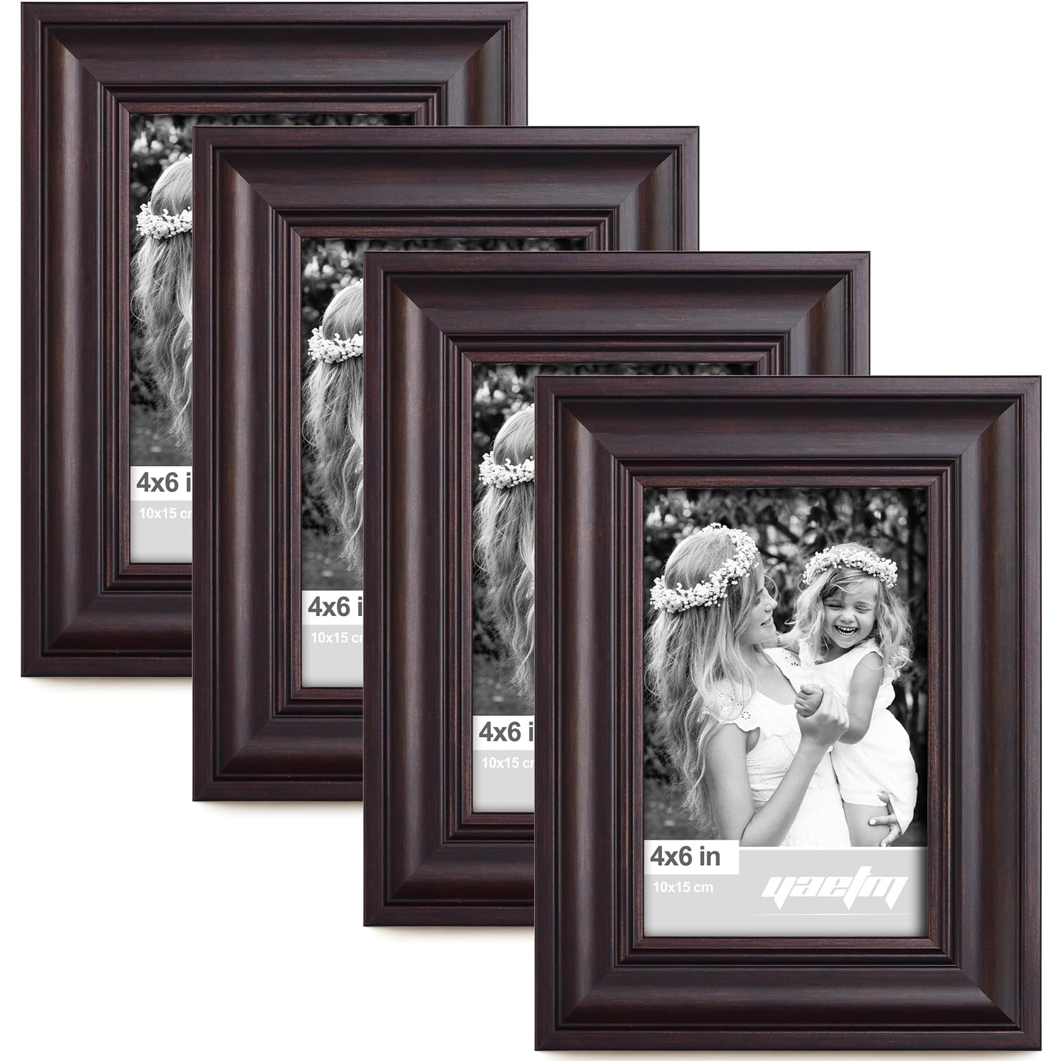 Photo 1 of Yaetm 4x6 Picture Frame Set of 4, 1.4” Wide Molding & Dark Brown Photo Frames with HD Tempered Glass, Display on Tabletop & Wall Mounting, Brown