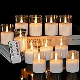 VIODAIM 12Pack Glass Flickering Flameless Candles with Remote, 2"X3" Real Wax Votive Candles Battery Operated, Small Electric LED Candles for Wedding Home Decor, w/4 Timers+2 Lighting Modes [Clear]