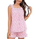 Flygo Floral Pajama Sets for Women 2 Piece Lounge Set Ruffle Cami Top and Shorts Pj Set Sleepwear(Rose-L)