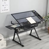 ALYIAMXL Drafting Table Desk, Painting Table Art Craft Desk Crafting Table with Tilting Tempered Glass Top, 2 Storage Drawers, Height Adjustable