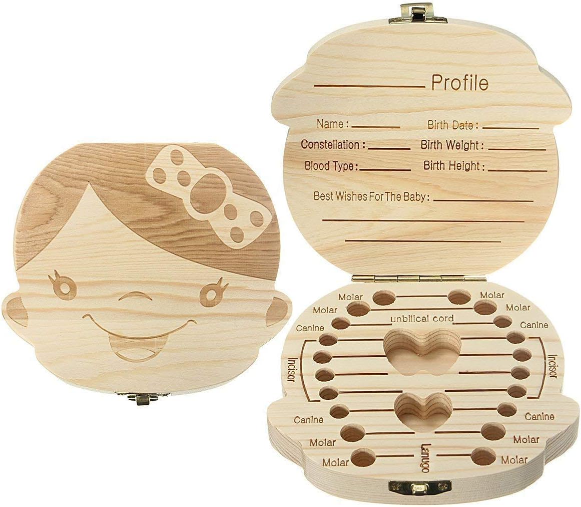 FOFOFLY Baby Tooth Box Wooden Tooth Save Boxes Personalized Deciduous Souvenir Box,Wooden Personalized Baby Tooth Teech Keepsake Box (English, Girl)