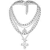 MJartoria Layered Necklaces for Women Trendy Retro Coin and Cross Pendant Necklace Dainty Chunky Chain Necklaces for Jewelry Birthday Gifts
