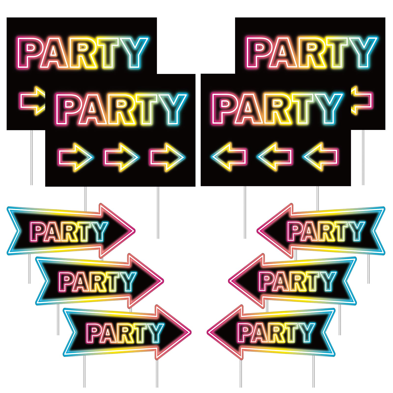 Photo 1 of 10Pcs Party Signs with Stakes Party This Way Signs for Outside Birthday Party Direction Sign This Way Arrow Neon Outdoor Decor for Wedding Birthday Outside Double Sided Lawn