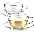 Teabloom Kyoto Teacup and Saucer Set 2-Pack – Large Size – 12 OZ/ 350 ML Capacity – Crystal Clear Design –– Premium Borosilicate Glass – Heat Resistant, Microwave Safe – Glass Mug Set
