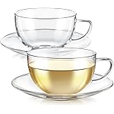 Teabloom Kyoto Teacup and Saucer Set 2-Pack – Large Size – 12 OZ/ 350 ML Capacity – Crystal Clear Design –– Premium Borosilicate Glass – Heat Resistant, Microwave Safe – Glass Mug Set