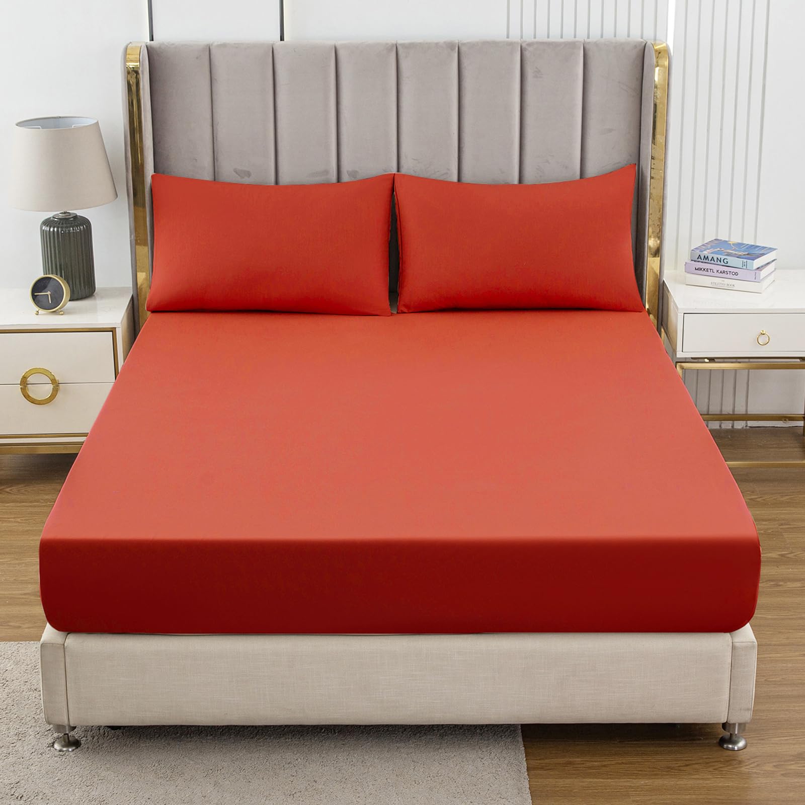 Soifox Super King Fitted Sheet Burnt Orange - Bed Sheets with Extra Deep Pocket 16 inch (40 cm), Soft Microfiber Bottom Sheet for Superking Bed, 180x200cm — image 1