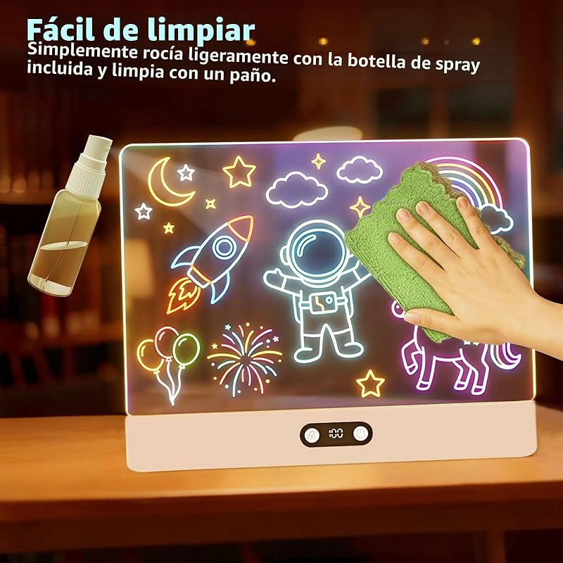 Quadro LED recarregável, quadro negro LED luminoso de 35 x 26 cm para crianças, 8 cores, 3 modos de iluminação, apagável, quadro mágico acrílico, presente criativo para crianças - branco — foto 7 de 8