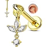 COCHARM 16G Flower Cartilage Earring Vertical Helix Piercing Jewelry, Flat Back Piercing Stud for Cartilage, Dangle Design, Gold and Silver Tone Lobe Helix Earring Stud