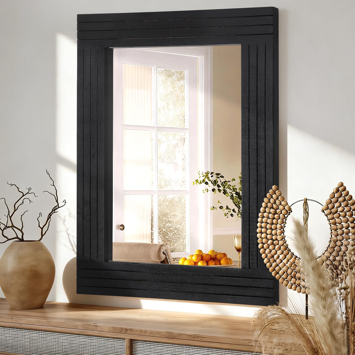 HLFMVWE Black Vintage Rustic Wood Framed Wall Mirror Farmhouse Rectanglular Antique Decor Hanging Mirror for Bathroom Bedroom Living Room Entryway Small 30x40cm