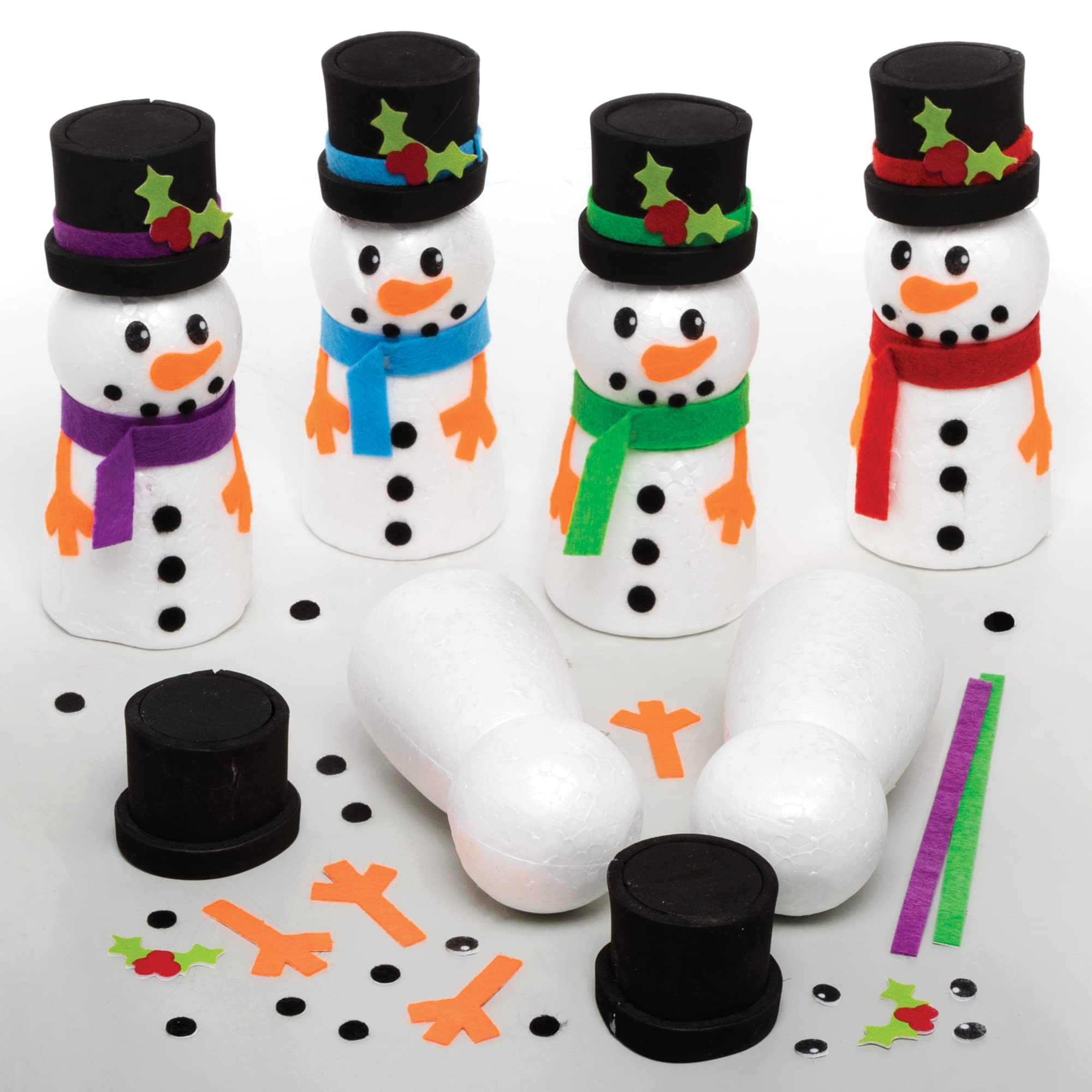 Baker Ross FE961 Build a Snowman Craft Kit - Pack of 4, Make Your Own Christmas Decorations, Childrens Crafts to Decorate and Display, Festive Arts and Crafts Activity
