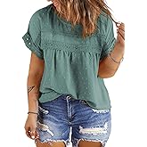 Eytino Women Plus Size Tops Crewneck Short Sleeve Lace Crochet Loose Casual Summer Blouses Shirts(1X-5X)